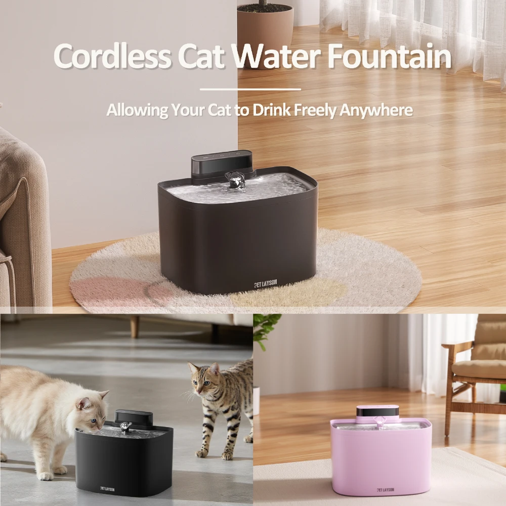 pet layson pumpless cat water fountain, app remote control smart cordless rechargeable battery operated, 3.6l/122oz 2.4g wi fi dog water dispenser, 2 filters,2 nozzles(pink, m1 pro)