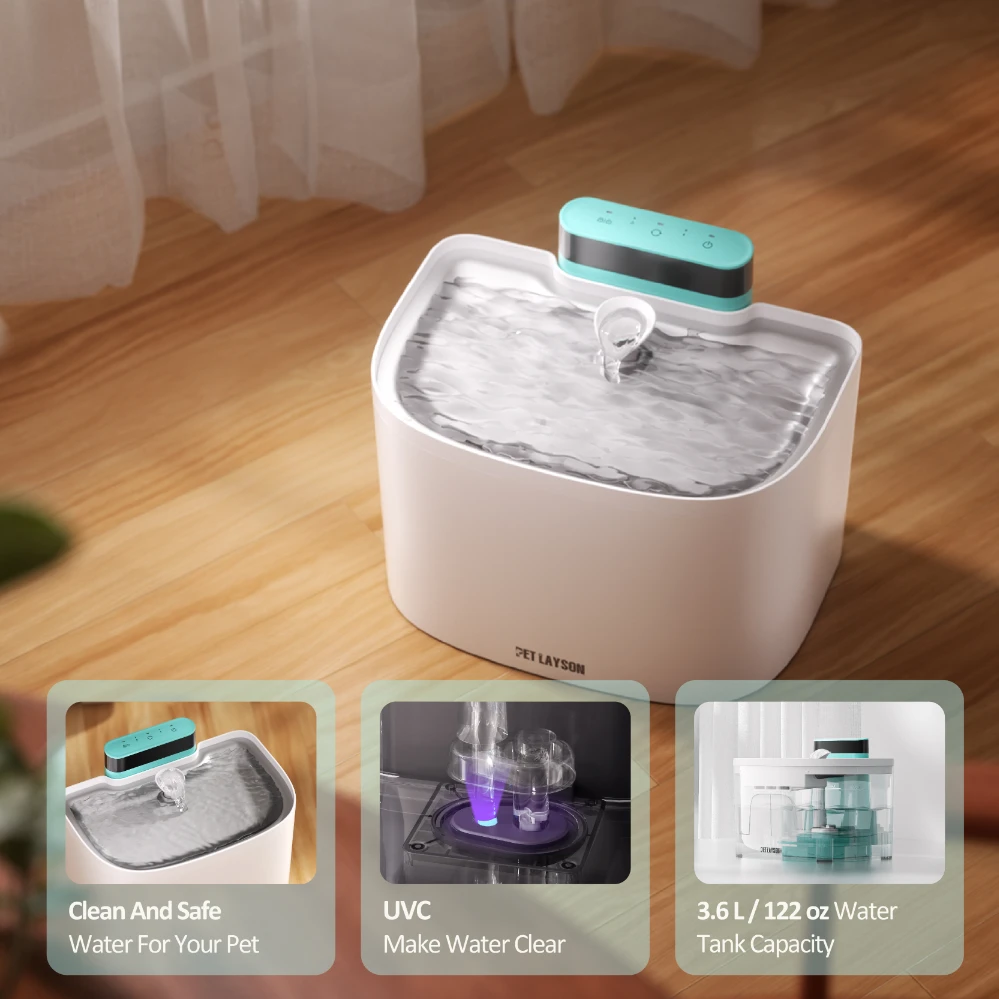 pet layson pumpless cat water fountain, app remote control smart cordless rechargeable battery operated, 3.6l/122oz 2.4g wi fi dog water dispenser, 2 filters,2 nozzles(pink, m1 pro)