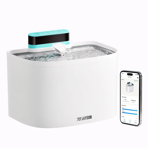pet layson pumpless cat water fountain,app remote control smart cordless battery operated 3.6l/122oz wireless 2.4ghz wi fi networks rechargeable water dispenser (black, m1pro 16 filter)