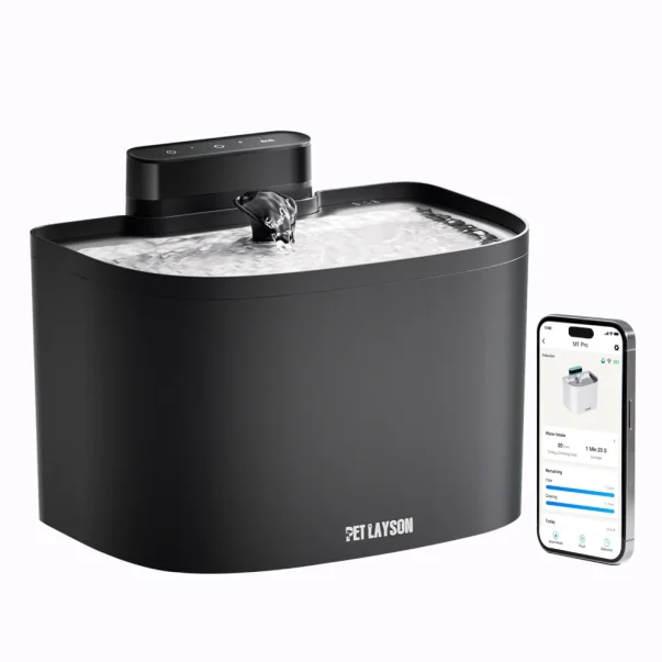 pet layson pumpless cat water fountain,app remote control smart cordless battery operated 3.6l/122oz wireless 2.4ghz wi fi networks rechargeable water dispenser (black, m1pro 16 filter)
