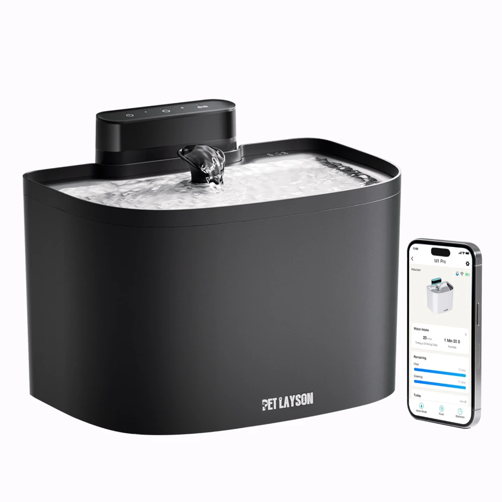 pet layson pumpless cat water fountain,app remote control smart cordless battery operated 3.6l/122oz wireless 2.4ghz wi fi networks rechargeable water dispenser (black, m1pro 16 filter)