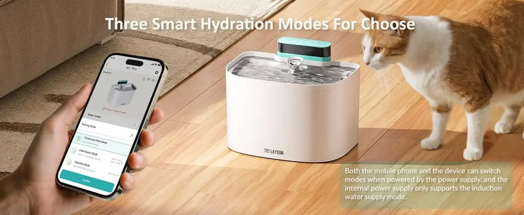 pet layson pumpless cat water fountain, app remote control smart cordless rechargeable battery operated, 3.6l/122oz 2.4g wi fi dog water dispenser